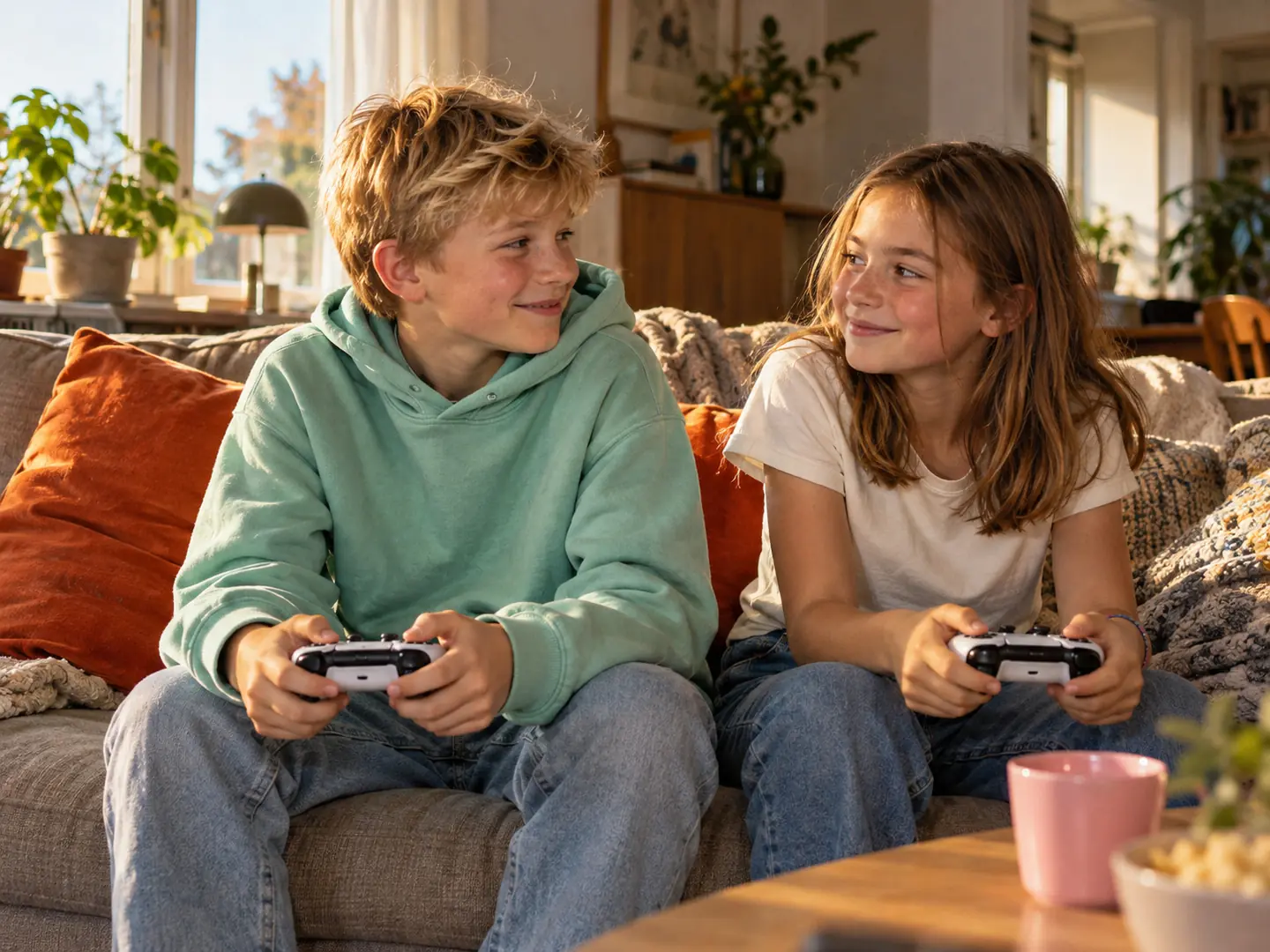 Två barn spelar tv-spel tillsammans och delar ett leende i ett vardagsrum.
